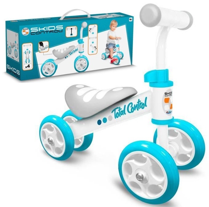 Triciclo Moto Cavalcabile primipassi a 4 ruote Skids Control con sedile confort Col.AzzurroBianco