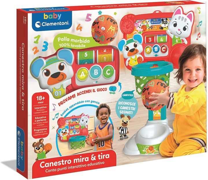 Clementoni Baby – Canestro Mira e Tira, Canestro con Conta Punti Interattivo educativo, Palestrina Interattiva per Bambini di 18+ Mesi, Stimola Lo Sviluppo Sensoriale e Cognitivo, 17546