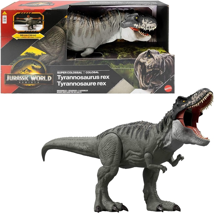 Mattel Jurassic World La Rinascita- T-Rex Super Colossale, T-Rex giocattolo con 2 attacchi, snodato e fedele al film, JGB52