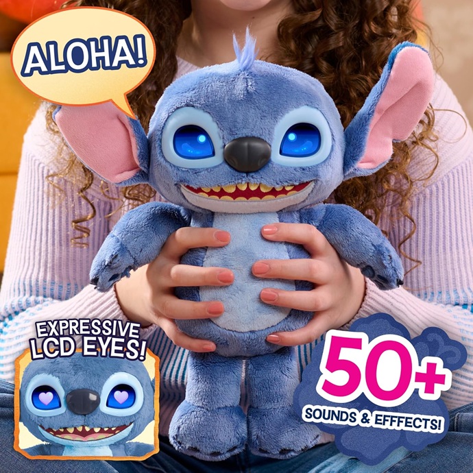 Just Play Peluche interattivo Disney Stitch Many Moods da 34,3 cm, oltre 50 suoni e frasi, schermo LCD espressivo sugli occhi, giocattoli per bambini dai 3 anni