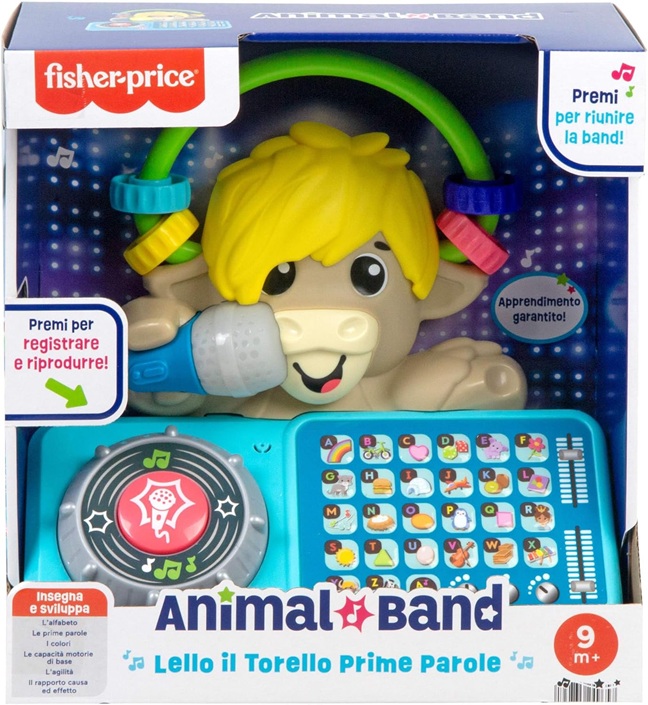 Fisher- Price Animal Band – Lello il Torello Prime Parole, toro interattivo per l’apprendimento con tasti a forma di lettera e 115 canzoni, luci e microfono, giocattolo per bambini, 9+ mesi, HYL01