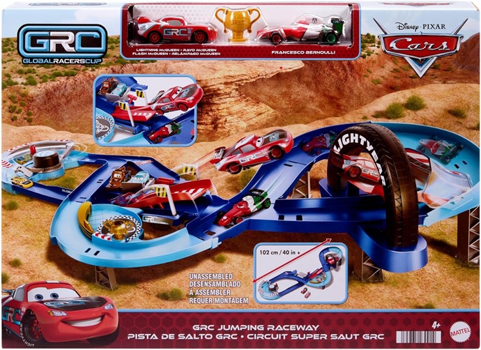 Mattel Disney e Pixar Cars Pista Salti della Corsa Globale, playset con propulsore attivabile dai bambini, 2 macchinine, Saetta McQueen e Francesco Bernoulli, HXJ32