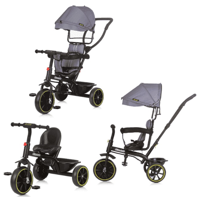 Triciclo Pulse Col. Granito Con Maniglione Direzionabile e poggiapiedi ruote in Eva