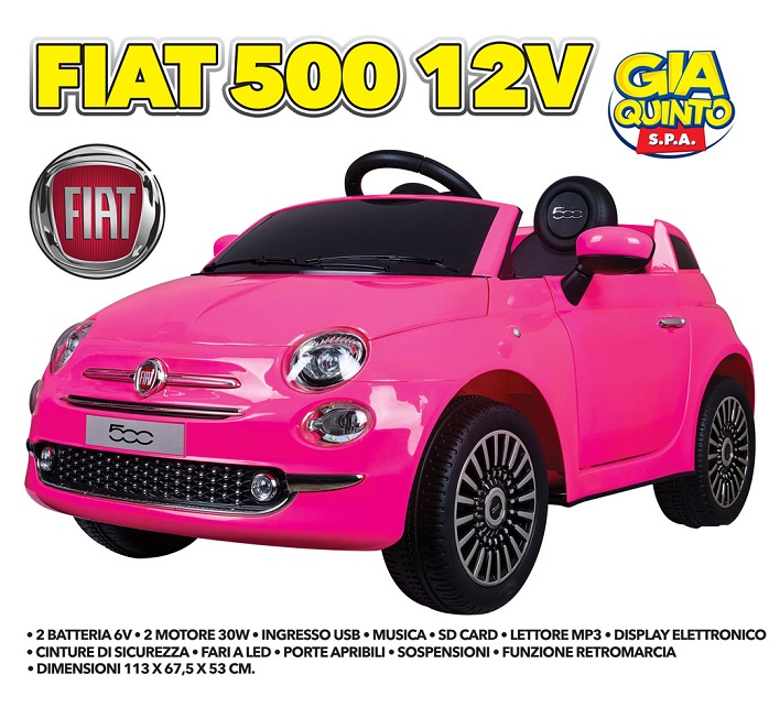 Auto Fiat 500  12v.R/C –  Mp3  luci e suoni Col.Rosa/Fuxia
