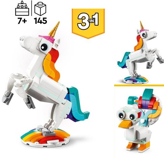 LEGO Creator 31140 Unicorno Magico con Arcobaleno, Set 3 in 1 con Animali Giocattolo Fantastici, Cavalluccio Marino e Pavone