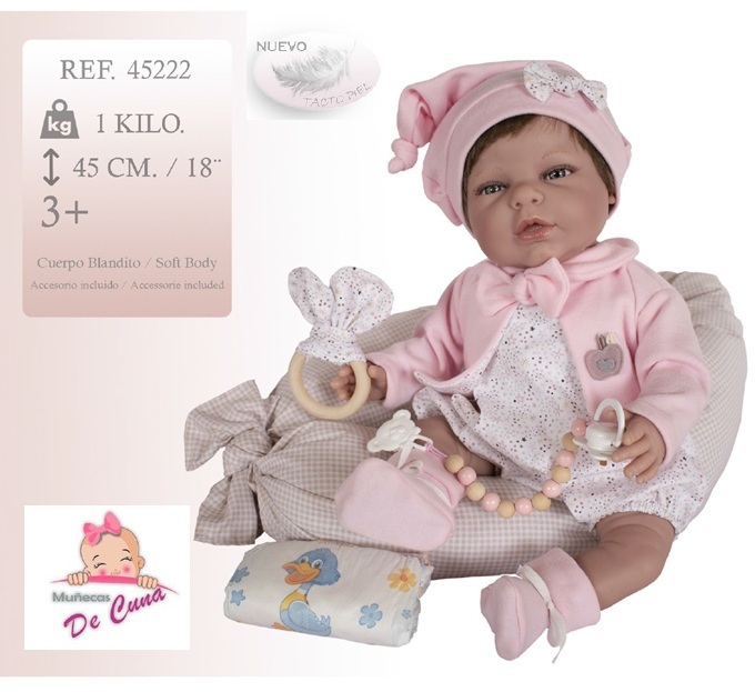 Munecas De Cuna – Bambolotto Artigianale Reborn con cuscino nido e ciuccio e accessori in legno sogg. Femminile