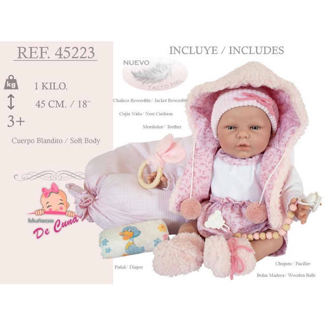 Munecas De Cuna – Bambolotto Artigianale Reborn con cuscino nido e ciccio e accessori in legno sogg. Femminile