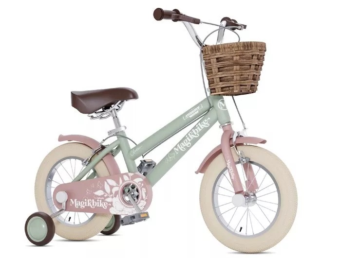 Magic Bike – Bicicletta Modello Classic Antonella mis.16″ col. verde tiffany con cesto finto vimini e guarniture marroni e rosa antico