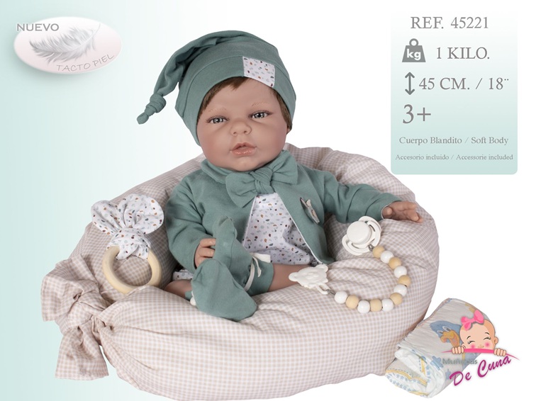 Munecas De Cuna – Bambolotto Artigianale Reborn con Cuscino nido, ciuccio pannolino e sogg. Maschile