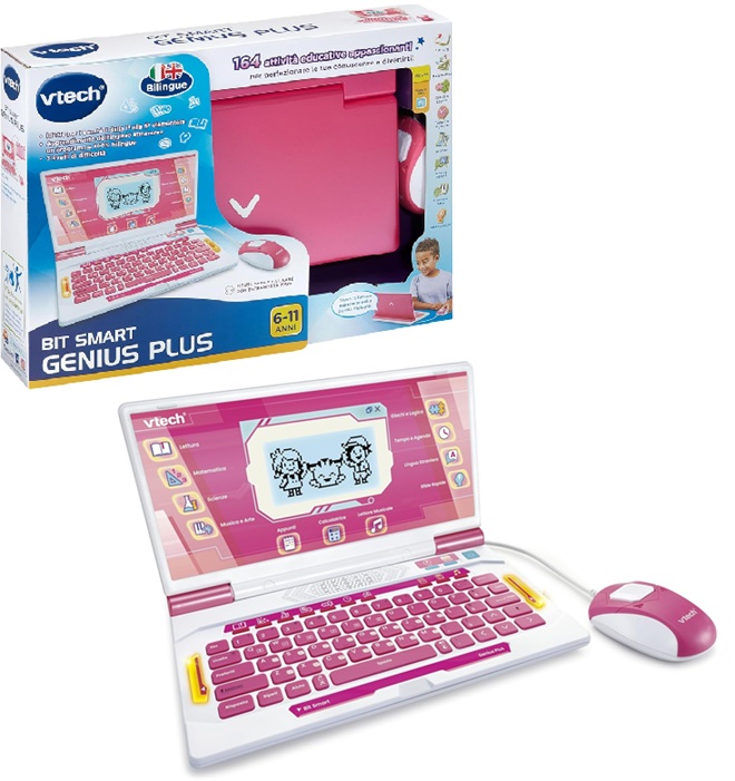 VTech Bit Smart Genius Plus Rosa, Computer Interattivo Bambini, Computer con Mouse Incluso, 164 Attività, Computer Didattico Bilingue Italiano e Inglese, Tastiera QWERTY, Batterie Incluse, 6-11 Anni