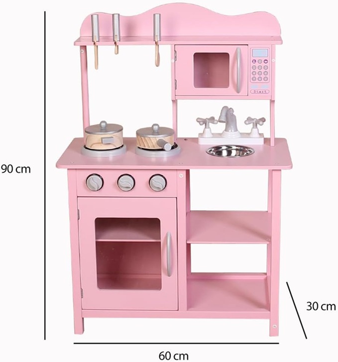 Cucina in Legno Giocattolo per Bambini con Lavello in Acciaio 2 Fornelli Forno Apribile e Microonde Chiusure Magnetiche Pentole Padelle e Accessori Gioco 60 x 30 x 90 cm (Rosa)