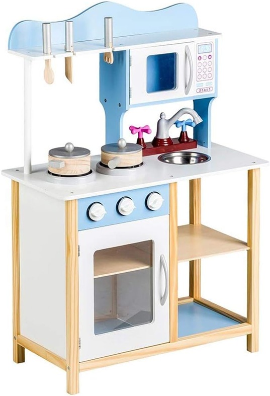 Cucina in Legno Giocattolo per Bambini con Lavello in Acciaio 2 Fornelli Forno Apribile e Microonde Chiusure Magnetiche Pentole Padelle e Accessori Gioco 60 x 30 x 90 cm (Blu)