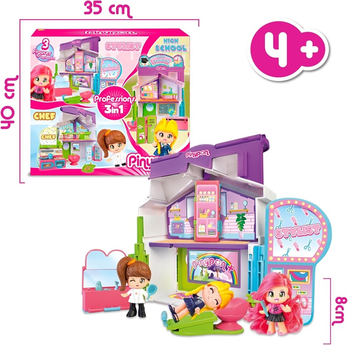 Pinypon – Professioni 3 in 1, 3 scenari in 1, scuola, parrucchiere o cucina, include 3 personaggi, 4 anni(PNY45000)