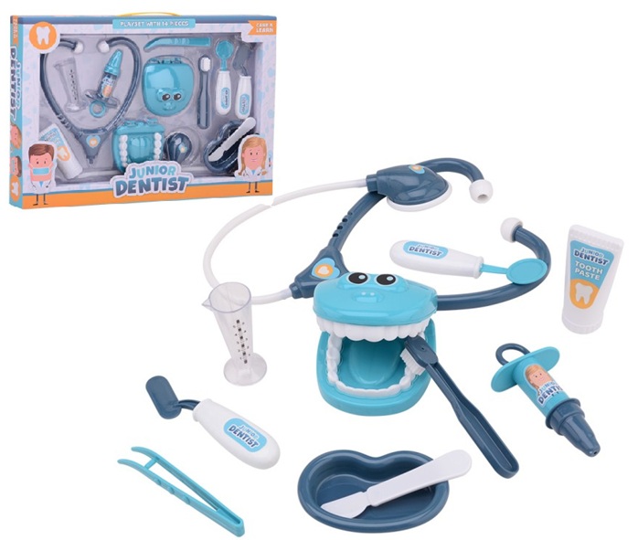 Set da gioco del dentista in scatola, composto da 13 pezzi.