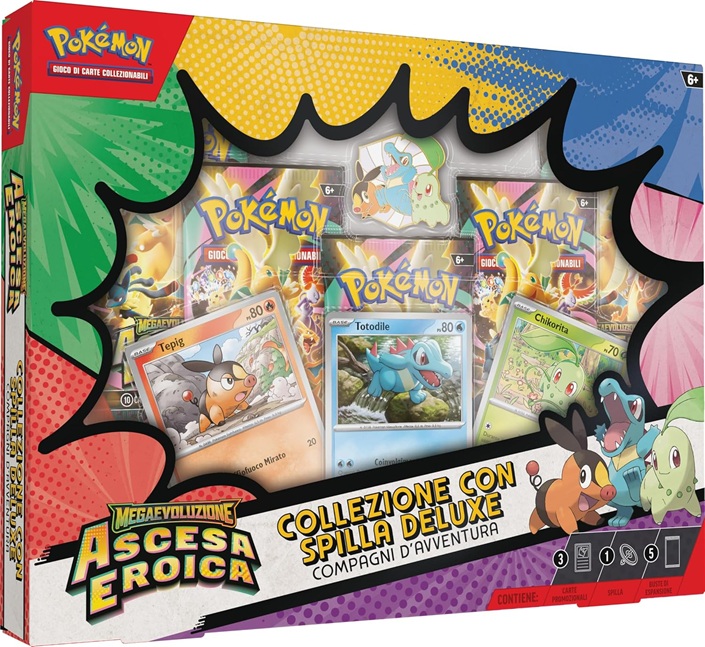 Pokémon: collezione con spilla deluxe Compagni d’avventura dell’espansione Megaevoluzione – Ascesa Eroica del GCC Pokémon (3 carte promozionali olografiche, 1 spilla deluxe e 5 buste di espansione)