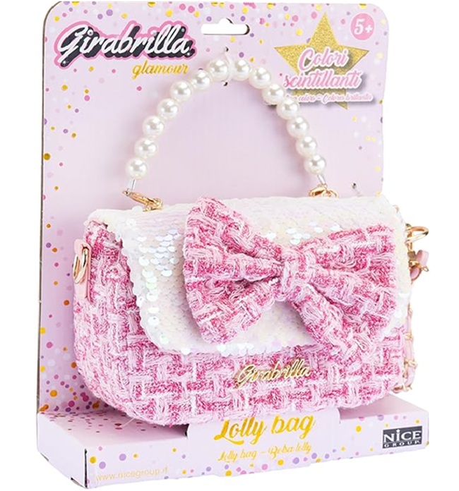Girabrilla Lolly Bag, Borsetta Tweed con Fiocco Rosa e Tracolla