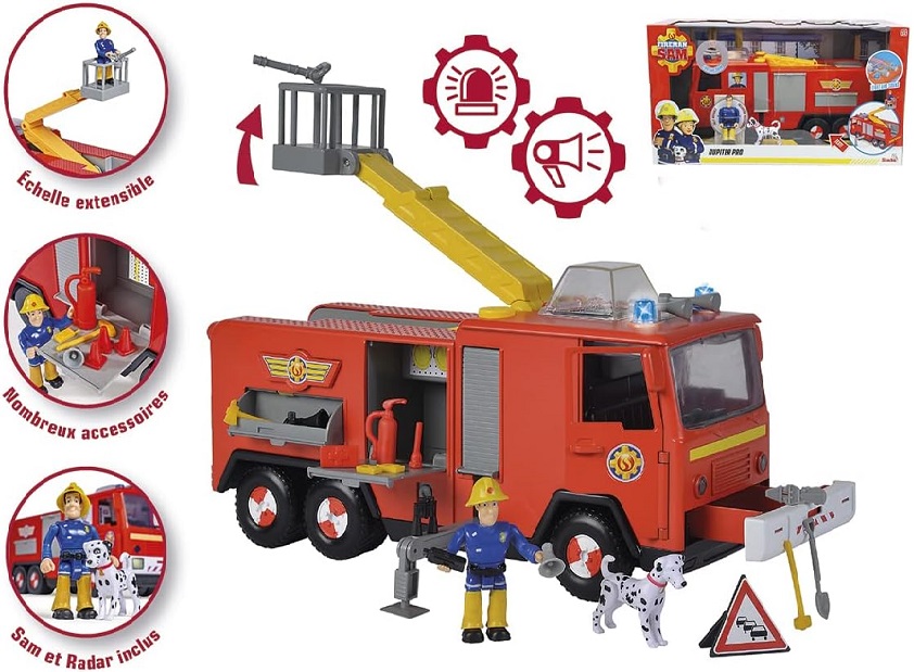 Simba – Sam il pompiere Camion Jupiter Pro, 3 anni, cm 31, con luci e suoni, scala girevole e pieghevole, personaggi di Sam e cagnolino Radar inclusi
