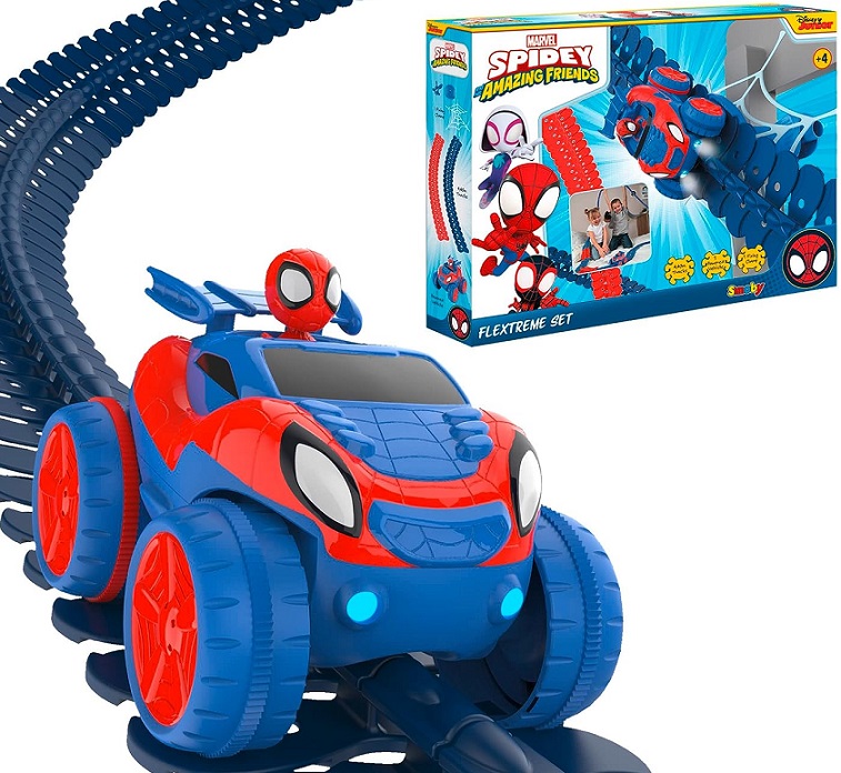Smoby- Spidey FleXtreme Set, 4 anni, 4.4 m di pista, 184 pz, 1 auto spidey, batterie incluse