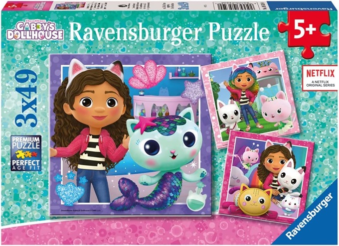 Ravensburger Puzzle Gabby’s Dollhouse, Collezione 3×49, 3 Puzzle da 49 Pezzi, Età Raccomandata 5+ Anni