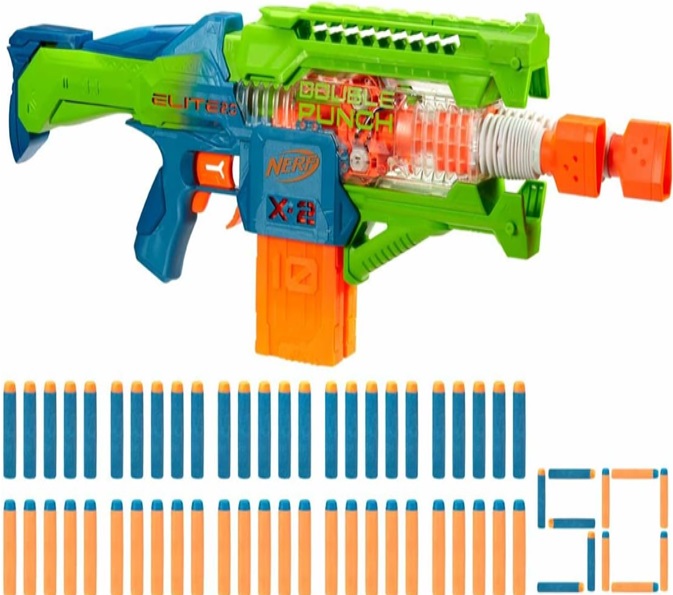 Nerf Elite 2.0, blaster lancia-dardi Double Punch, 50 dardi Nerf Elite, 2 caricatori da 10 dardi, blaster Nerf motorizzato, dagli 8 anni in su
