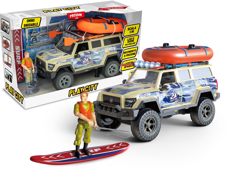 PLAY CITY – PLAYSET BEACH SURFING JEEP SCALA 1:16 CON LUCI E SUONI PORTE APRIBILI E MOVIMENTO A FRIZIONE