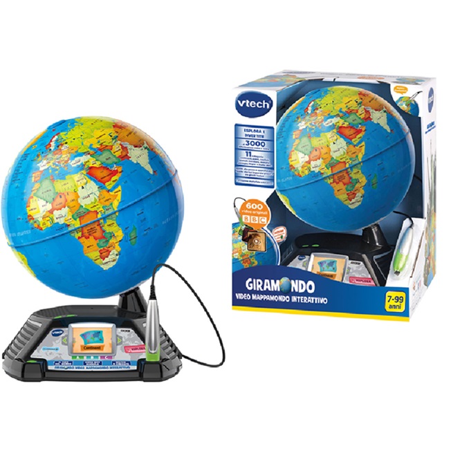 VTech Giramondo – Video Mappamondo Interattivo, Mappamondo Bambini con Penna Touch e Schermo 2.7″, Inclusi 600 Video BBC, Giochi Educativi e Quiz, Lingua Italiana, Batterie Incluse, 7-99 Anni