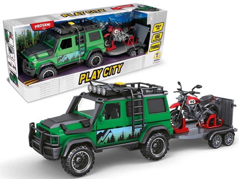 PLAY CITY – PLAYSET TRASPORTO MOTO CON LUCI E SUONI PORTE APRIBILI MOVIMENTO A FRIZIONE