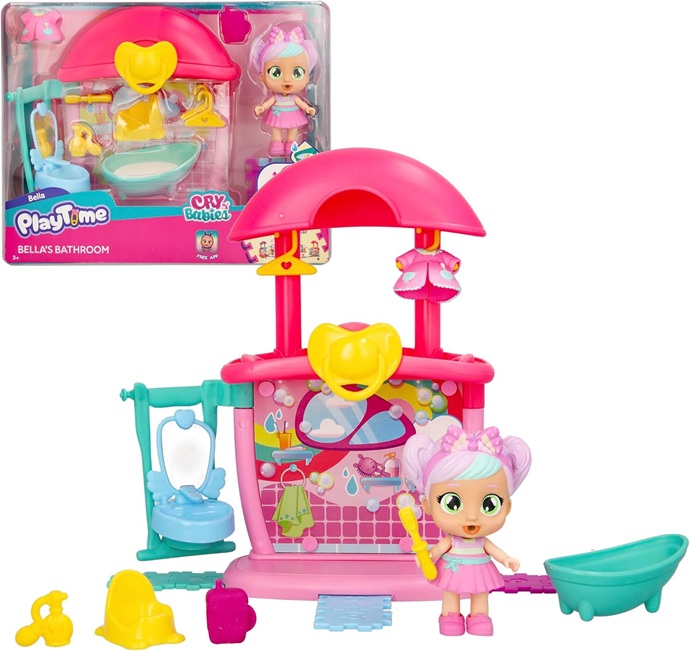Playtime Cry Babies – il Bagno di Bella, Bambola con Mini Playset del Bagno con 14+ accessori, che piange Lacrime Vere con Funzione Magica.