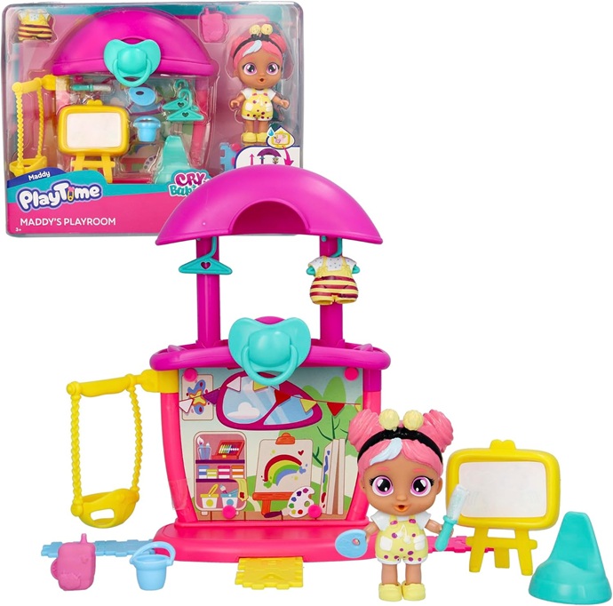 Playtime Cry Babies – Stanza Dei Giochi Di Maddy, Bambola con Mini Playset della Stanza Dei Giochi Di Maddy con 14+ accessori, che piange Lacrime Vere con Funzione Magica.