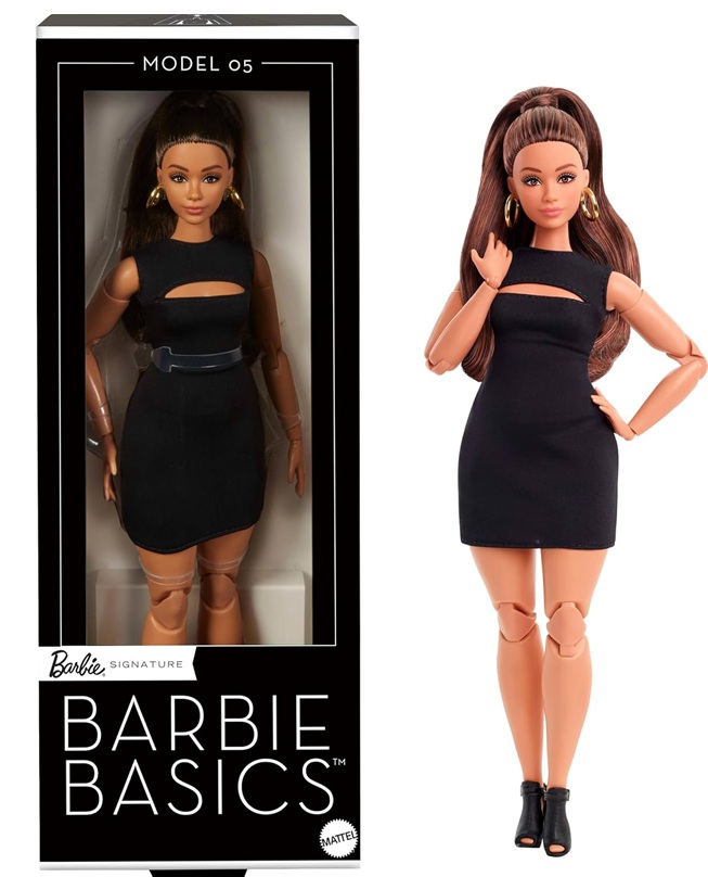 Barbie Signature – Barbie Basics Modello 05, bambola da collezione con capelli castani, mini abito nero e tacchi, vestibilità universale, corpo curvy snodato e testa intercambiabile, 6+ anni, JBH73