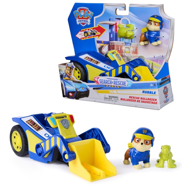 Paw Patrol: Search & Rescue, Bulldozer di Salvataggio di Rubble con 2 Personaggi, Auto della Polizia Giocattolo a Retrocarica  3+ Anni