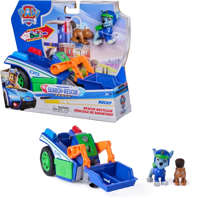 Paw Patrol: Search & Rescue, Veicolo per la Raccolta Differenziata di Salvataggio di Rocky con 2 Personaggi, Macchinina Giocattolo a Retrocarica,3+ Anni