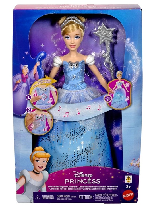Mattel Disney Princess – Cenerentola Ballo Incantato, si illumina e bacchetta magica con suoni, giocattolo per bambini, 3+ anni, JBF94