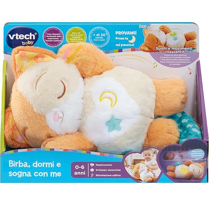 VTech Birba, Dormi e Sogna con Me, Luce Notturna Bambini con Movimento Respiro, Fino a 45 Minuti di Suoni della Natura e Fusa, Lingua Italiana,