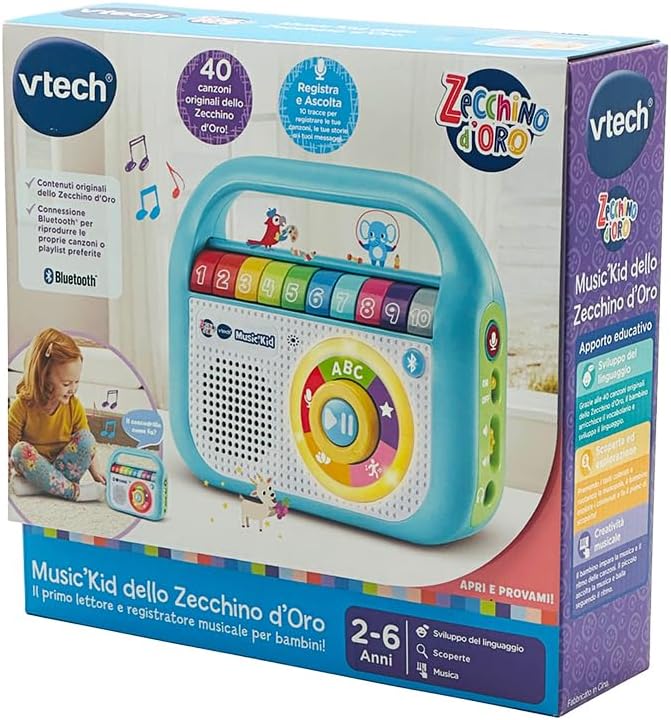 VTech Music’Kid dello Zecchino d’Oro, Lettore MP3 Bambini con 40 Brani Originali dello Zecchino D’Oro, Modalità Registrazione, Walkman Bambini Bluetooth, Lingua Italiana, Batterie Incluse, 2-6 Anni