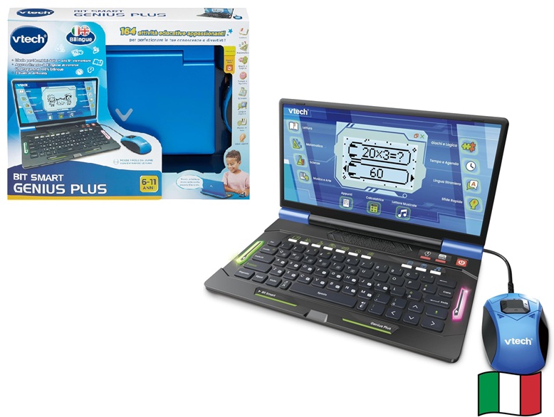 VTech Bit Smart Genius Plus Nero, Computer Interattivo Bambini, Computer con Mouse Incluso, 164 Attività, Computer Didattico Bilingue Italiano e Inglese, Tastiera QWERTY, Batterie Incluse, 6-11 Anni