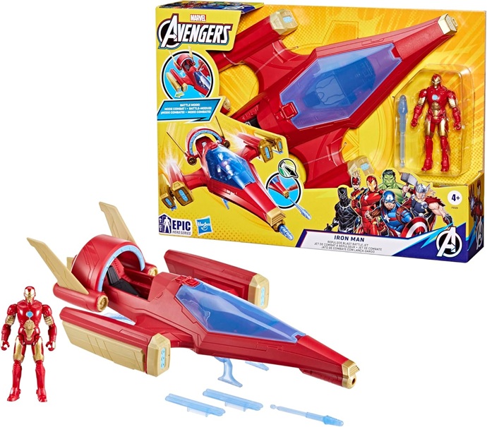 Hasbro Marvel Avengers, Iron Man con Jet da Battaglia e Blaster a Repulsore, Action Figure di Iron Man ed Equipaggiamento, Ottima Idea Regalo, per Bambini e Bambine dai 4 Anni in Su