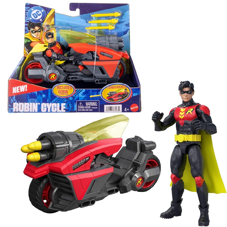 Mattel DC Premier – Robin e Robin Cycle, set con action figure decorazioni esclusive e lancio di proiettili giocattolo inclusi, JMD51