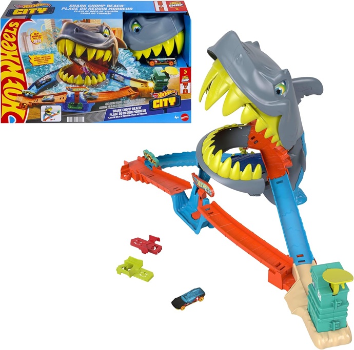 Hot Wheels – Squalo Scontri in Spiaggia, pista con sistema Speed Snap e veicolo incluso, lanciatore per acrobazie nel vuoto, sconfiggi lo squalo e vinci la battaglia, 4+ anni, JHL96