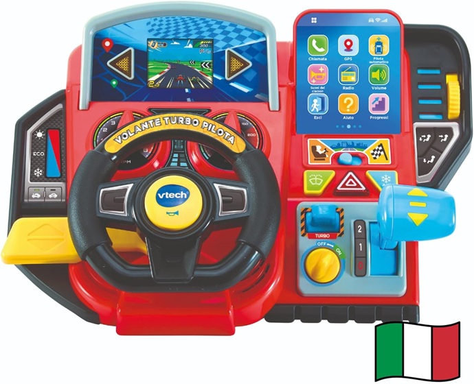 VTech Volante Turbo Pilota, Volante Bambini con Cruscotto Interattivo, Oltre 20 Giochi Educativi e 9 Circuiti, Schermo LCD, Clacson e Indicatore Direzione, Lingua Italiana, Batterie Incluse, 3-8 Anni