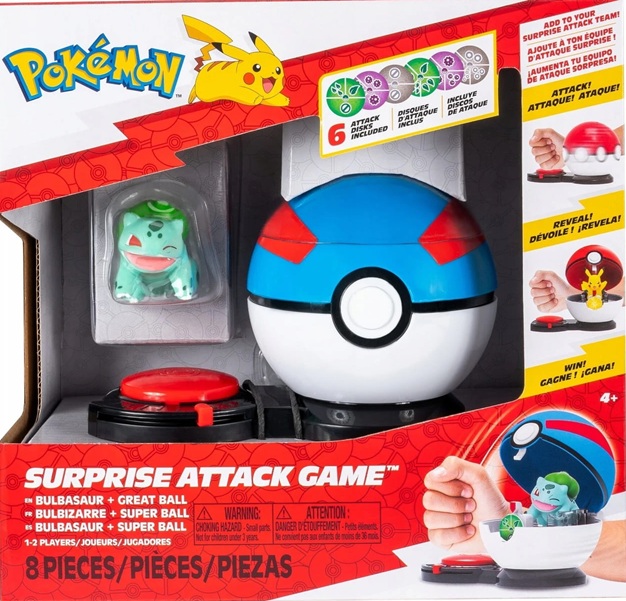 Gioco Pokémon Attacco a Sorpresa con  Bulbasaur e  Great Ball, set da 8 pezzi, gioco di battaglia interattivo per bambini dai 4 anni in su.