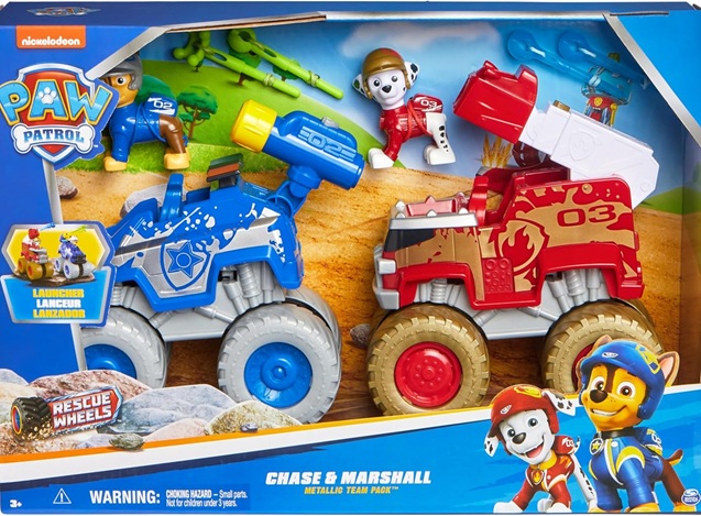 PAW Patrol: Rescue Wheels – Camion giocattolo di Chase e Marshall con lancia-proiettili e personaggi d’azione da collezione.