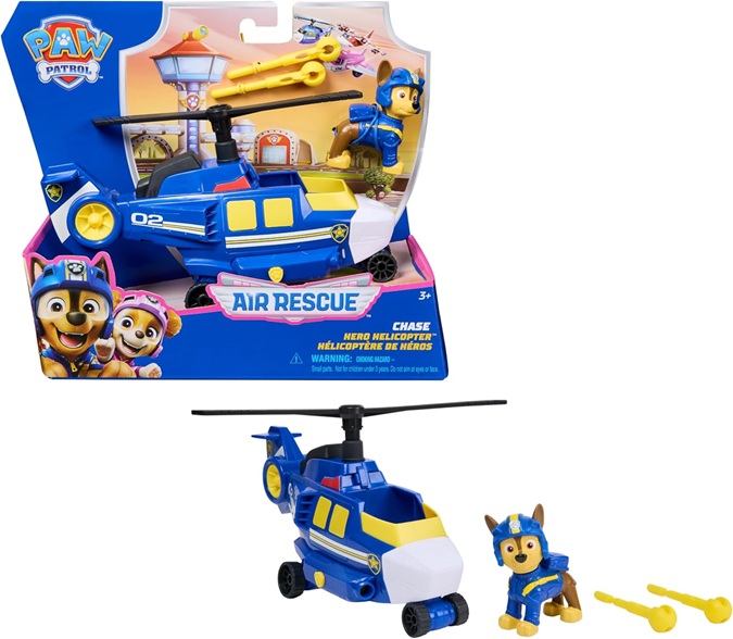 Paw Patrol Air Rescue, Elicottero della Polizia con personaggio Chase da collezione, veicolo di soccorso con lanciatore e 2 proiettili.