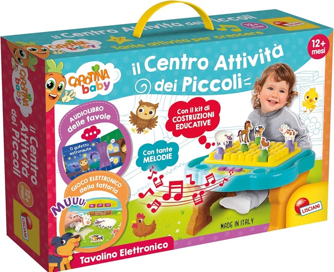 Liscianigiochi, Carotina Baby Banchetto Elettronico Consolle Educativa, Bambini 1-4 Anni, Sviluppo Sensoriale, Tavolino da Montare, Kit Costruzioni, Multicolore.