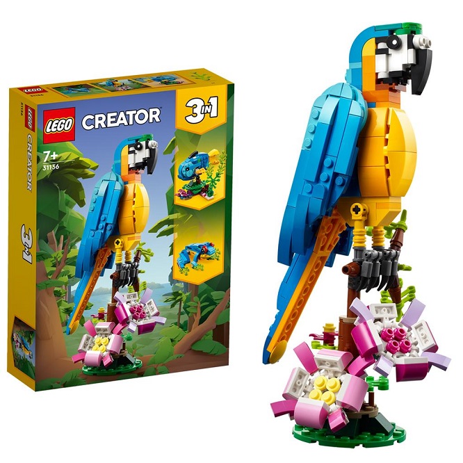 LEGO Creator 31136 Pappagallo Esotico, Set 3 in 1 con Pesce e Rana, Animali Giocattolo, Giochi Creativi per Bambini da 7 Anni