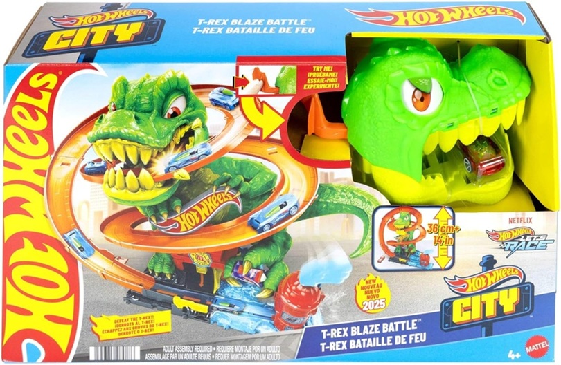 Hot Wheels City – T-Rex Battaglia Infuocata, playset stazione dei pompieri con dinosauro occhi rotanti e pista per gareggiare 4+ anni, JBM73