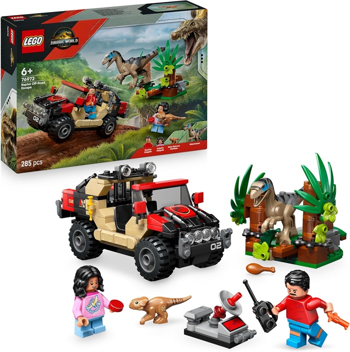 LEGO Jurassic World Fuga dal Raptor sul Fuoristrada – Include 2 figure di Dinosauro Giocattolo, una Macchina e 2 Minifigure – Regalo per Bambini e Bambine da 6 Anni Fan del Film La Rinascita – 76972
