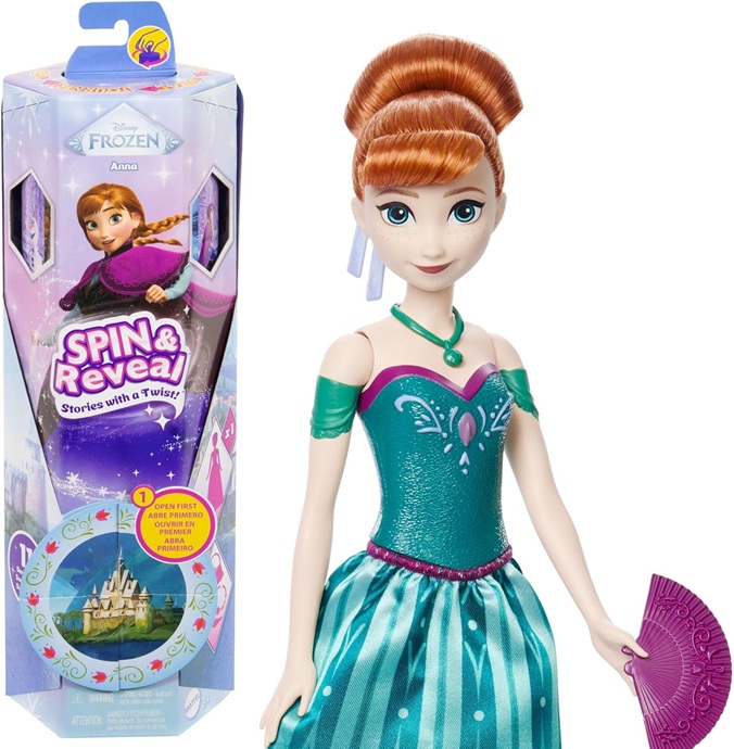 Mattel Disney Frozen – Anna Spin & Reveal, bambola ispirata al film Disney con 11 sorprese incluse tra cui 5 accessori, 5 adesivi e una scena di gioco, giocattolo per bambini, 3+ anni, JBG60