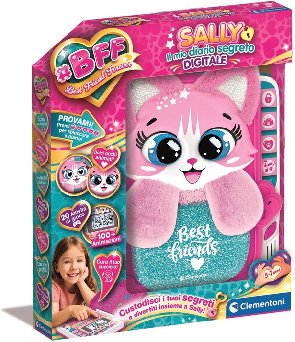 Clementoni – BFF Sally Il Mio Diario Segreto Digitale LCD, Gioco Interattivo, Animazioni e 20 Attività di Gioco, Diario Elettronico Bambine 5-7 Anni con Occhi Animati, Penna Inclusa, 16491