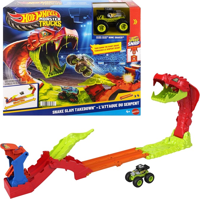 Hot Wheels Monster Trucks Snake Slam Takedown e Bone Shaker.